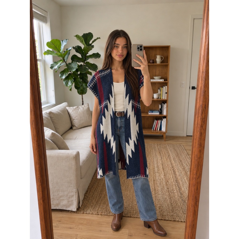 Woven Heart Womens Ruana Size S Blue Southwestern Knit Poncho WH8022NR